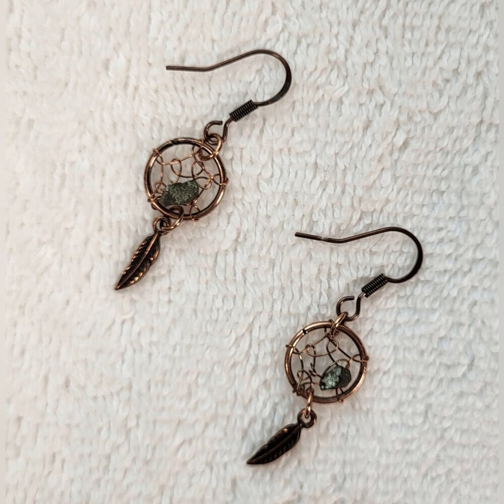 Copper Dreamcatcher Earrings with Gray Stone Accent - Picture 4 of 6